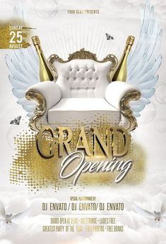 grand opening party flyer with white chair and gold accents on the front, surrounded by doves