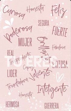 the words are written in different languages on a pink background with white and black lettering