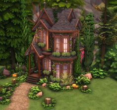 an animated house in the middle of a lush green yard with trees and bushes around it