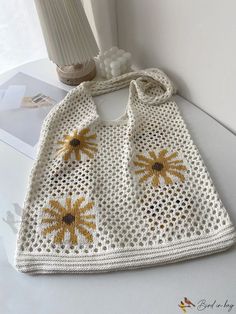 Bird in Bag - Daily Patterned Hollow-Out Knitted Single-Shoulder Tote Spring Beach Crochet Bag, Knitted Shoulder Bag For Spring, Beach Crochet Knit Bag, Trendy Spring Crochet Bag, Casual Crochet Knit Bag, Casual Crochet Knit Bag For The Beach, Casual Knit Crochet Bag For Beach, Yellow Casual Crochet Bag For Spring, Casual Yellow Crochet Bag For Spring