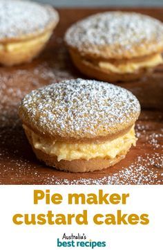 there are some pies that are on the table with words overlay reading pie maker custard cakes australia's best recipes