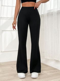 Women Black Low Waist Flared Leg Pants Black Casual   Fabric Plain Flare Leg Slight Stretch  Women Clothing, size features are:Bust: ,Length: ,Sleeve Length: Cheap High-waisted Black Pants, Black Flared Trousers Outfit, Cheap Black H&m Pants, Flared Trousers Outfit, Black Ribbed Full-length Pants, Elegant Black High-waisted Flare Pants, Black Flared Trousers, Black Wide-leg Rayon Pants, Black Flare Pants