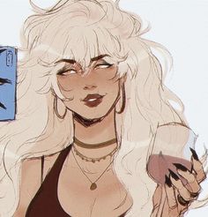 a drawing of a woman with long blonde hair holding a cell phone in her hand