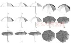 several umbrellas are shown in different angles and sizes, with the same color on them