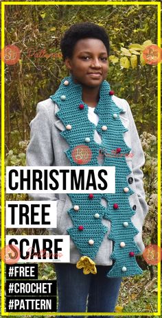 a woman wearing a crochet christmas tree scarf