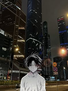 an anime character is standing in the middle of a city at night with skyscrapers behind him