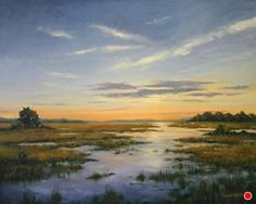 a painting of the sun setting over a marsh