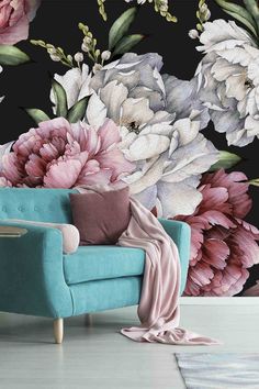 A black and pink floral wallpaper on the wall of a bedroom behind a turquoise chair with pink blanket draped over top. Pink Floral Wallpaper Bedroom, Floral Wallpaper Bedroom, Pink Floral Wallpaper, Watercolor Peonies, White Watercolor