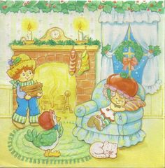 a child's christmas card with an image of two children in front of a fireplace