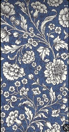 a blue and white wallpaper with floral designs on it's side, in the middle