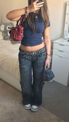 Blue And Red Outfit, Low Rise Jeans Outfit, The Nerve, Outfit Inspo Casual, Fashion Hacks Clothes, Jeans Outfit, Red Outfit