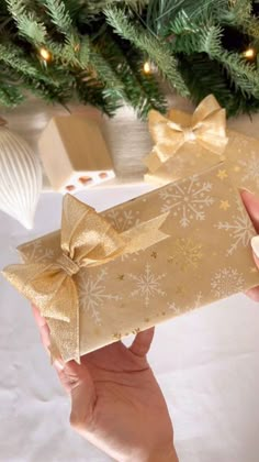 a person holding a wrapped present in front of a christmas tree