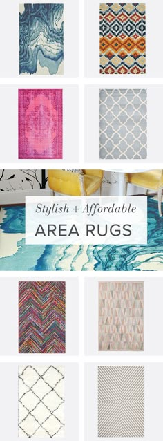 an array of area rugs in different colors and sizes with the words, stylish