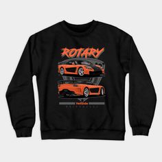 a black sweatshirt with an orange car on it and the words rotary written in red