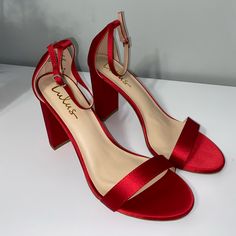 Size:11 Color:Red Material:Satin Great Condition, Never Worn Quince Heels Red, Quinceanera Shoes Red, Red Ankle Strap Heels For Evening, Red Block Heel Evening Heels, Red Open Toe Heels For Prom, Red Round Toe Heels For Prom, Red High Heel Heels For Prom, Red Closed Toe Heels For Prom, Red High Heels For Prom