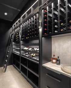 a wine cellar with ladders to the top and bottles on the shelves in it