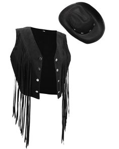 PRICES MAY VARY. Western Cowgirl Costume Set: the set of cow girl costume for women includes 1 piece fringe top for women western and 1 piece cowgirl hat, which can meet most people's preferences and decorative needs, a nice combination for cowgirls Western Theme: the fringe vest for women hippie features classic western cowboy hippie style, with faux suede tassels on the front and rivets decorated, stylish and cool; The cowboy hat with strap and rivets also will add a cool and different touch t Western Cowgirl Costume, Cowgirl Costume For Women, Felt Cowgirl Hat, Tassel Jacket, Cowboy Costume, Black Cowgirl, Cowgirl Costume, Fringe Vest, 70s Hippie