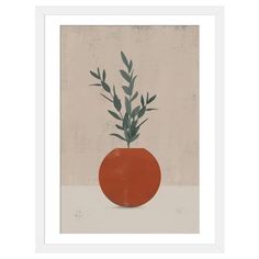 an orange vase with green leaves in it on a beige background, framed art print