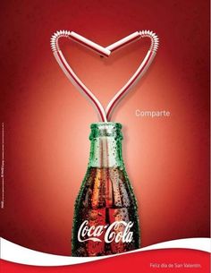 a coca - cola bottle with a heart shaped straw in it's mouth on a red background