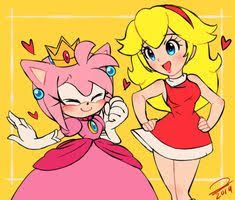 two cartoon characters are dressed up as princess peach and the cat is wearing a red dress