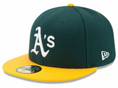 a's new era 59fifty fitted cap in green and yellow with white lettering