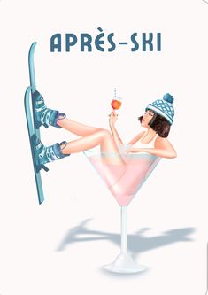 a woman sitting in a martini glass with skis on her feet and holding an apple