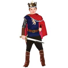 Your little prince can become a king and travel back in time to rule over a medieval kingdom in this authentic styled historical costume! Perfect for fancy dress parties or Halloween this fantastic medieval king costume includes a blue tunic with sleeves, a brown belt, a red cape, black trousers, brown arm cuffs, brown boot covers and a fabric crown. Complete the outfit with a sword and he's ready to rule! Why not add the perfect finishing touch to the outfit with some of our fantastic accessories available from our online store. Please note: the sword is not included. King Arthur Costume, Prince Dress Up, Arthur Costume, Prince Charming Costume, Medieval King, Rei Arthur, Boys Fancy Dress, Nativity Costumes, Wicked Costumes