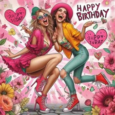 two women are dancing together in front of pink flowers and heart - shaped balloons with the words happy birthday on it