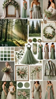 an assortment of green and white wedding gowns