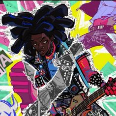 a drawing of a woman with an electric guitar in front of colorful graffiti art background