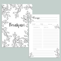 a recipe book with leaves on it and the words breakfast written in black ink next to it