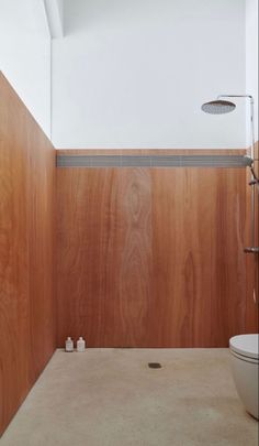 a white toilet sitting next to a wooden wall