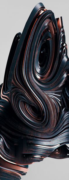 an abstract sculpture made out of black and copper strips on top of eachother