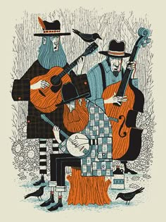 three people are playing instruments together in the woods, one is wearing a hat and the other has a bird on his shoulder