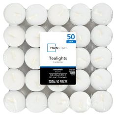 50 white tealight candles in plastic packaging