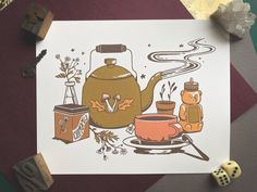 a card with an image of a teapot and other items on it next to dices