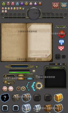 a bunch of different items that are in the shape of an open book on a gray background