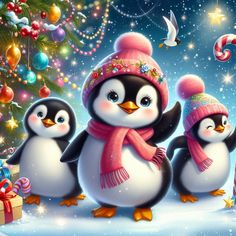 three penguins wearing hats and scarves standing in front of a christmas tree with presents