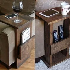 two side by side pictures of a table with a remote control and a wine glass on it