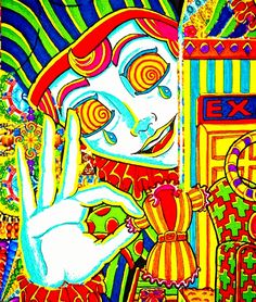 a colorful painting of a woman holding her hand up to her face with an evil clown in the background