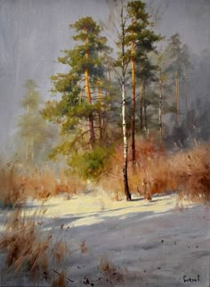 a painting of snow and trees in the woods