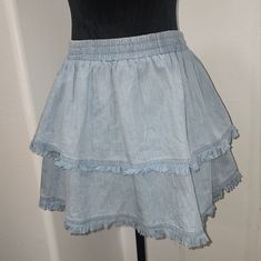 Nwt Mi Ami Mini Skirt Size/ Small Elastic Waist Casual Stretch Skort With Tiered Skirt, Casual Stretch Tiered Skort, Light Blue Stretch Skirt For Summer, Spring Stretch Denim Blue Skort, Casual Stretch Tiered Mini Skirt, Denim Skort With Relaxed Fit For Summer, Stretch Medium Wash Skirt For Summer, Summer Denim Skort With Lined Skirt, Spring Medium Wash Skirt With Elastic Waistband