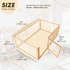 an image of a baby crib with measurements for the bed and mattress area in it