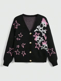 Negro Casual Collar manga larga Lana Peinada Geométrico  Embellished Elástico Ligero Kawaii Skull, Alt Clothes, Drop Shoulder Cardigan, Cardigan Casual, Pullover Outfit, Knitting Women Cardigan, Star Pattern