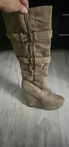 Brown Heel Boots, Platform Wedge Boots, Knee High Wedge Boots, Pretty Sneakers, 90s Y2k Fashion, 2010s Fashion, Wedge Heel Boots, Platform Wedge Heels, Fashion Aesthetics