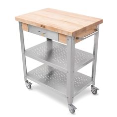 a wooden cutting board sitting on top of a metal cart