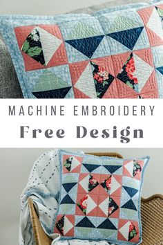 the machine embroidery pillow is shown with text overlay that reads machine embroidery free design