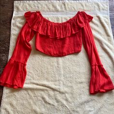 Nwot Super Cute Top Long Sleeve With Flare At The End And Ruffle Collar Off The Shoulder Urban Outfitters Fitted Blouse For Vacation, Fitted Blouse For Vacation By Urban Outfitters, Red Stretch Tops For Spring, Trendy Red Top With Ruffles, Red Cropped Blouse For Spring, Stretch Red Tops For Spring, Stretch Red Top For Spring, Red Vacation Top For Fall, Red Summer Crop Top Blouse