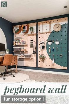 an office with pegboard and shelves on the wall