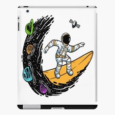 an astronaut riding on top of a surfboard